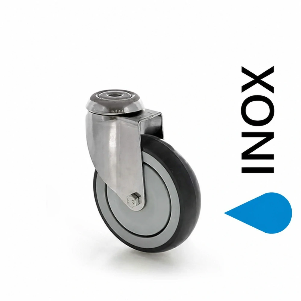 Nerezová přístrojová otočná kladka/kolečko otočné 100 mm s termoplastickou pryží, otvor 11 mm, nosnost 100 kg