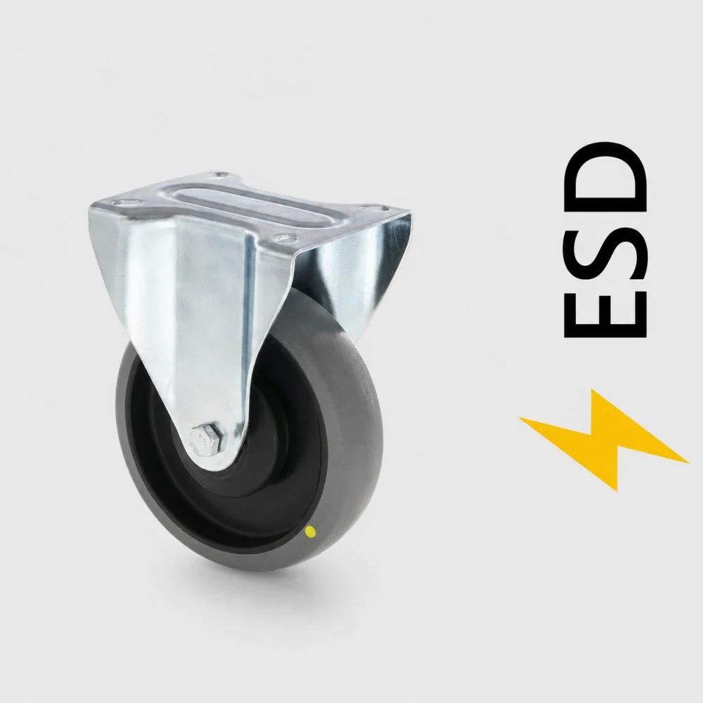 ESD průmyslová kladka pevná/kolečko pevné 100 mm s deskou, nosnost 100 kg