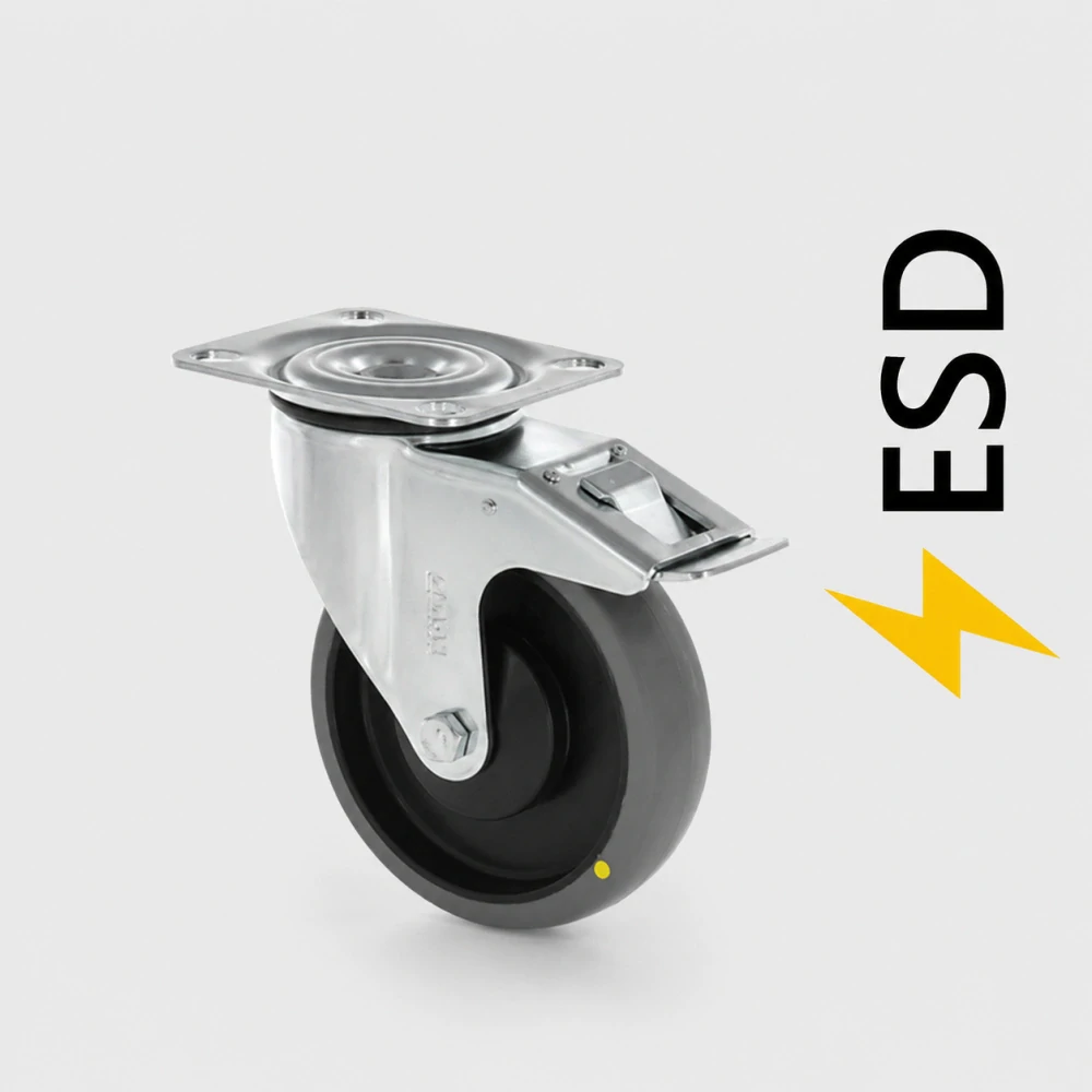 ESD průmyslová kladka otočná s brzdou/kolečko otočné s brzdou 100 mm s deskou, nosnost 100 kg