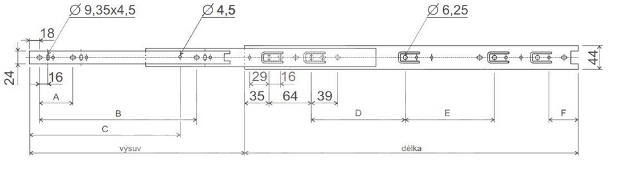 Plnovýsuv kuličkový LEVEL SLIDE 250 mm - nosnost 40 kg